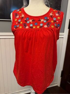 J Crew Red Sleeveless Floral Embroidered Top Size Medium Cottagecore Boho